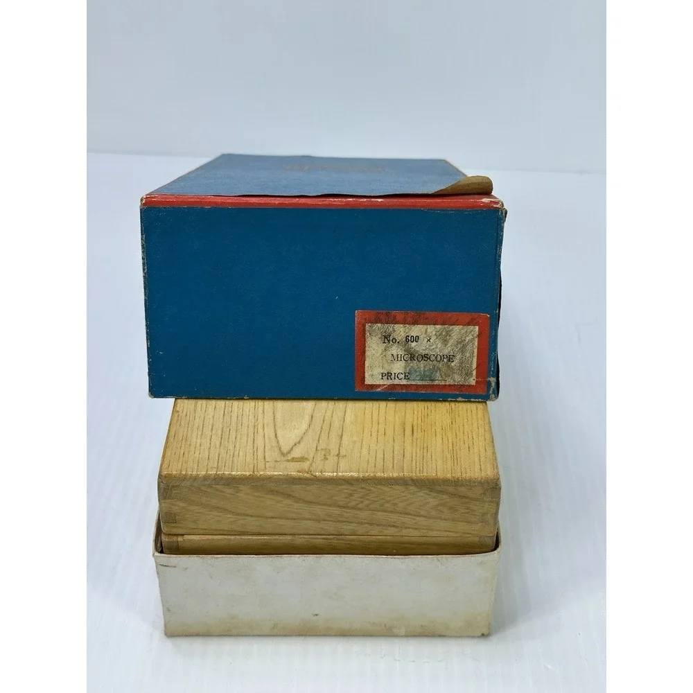 Vtg Tasco Deluxe 600x Microscope Wood Case 2 Boxes Slides Manual Original Box